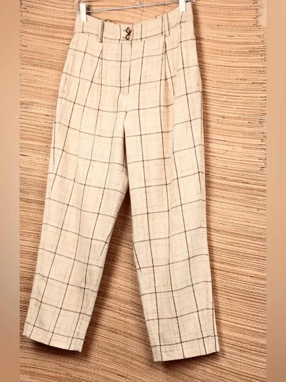 SÉZANE Tan Plaid Linen Blend Pleated Trousers , Size 36 (US 4)